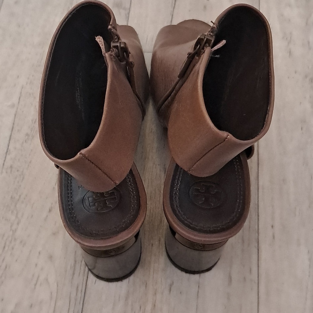 Tory Burch Slingback Saddle Leather Block Heal Mule Sandle Mushroom Size 8.5 - Picture 5 of 10